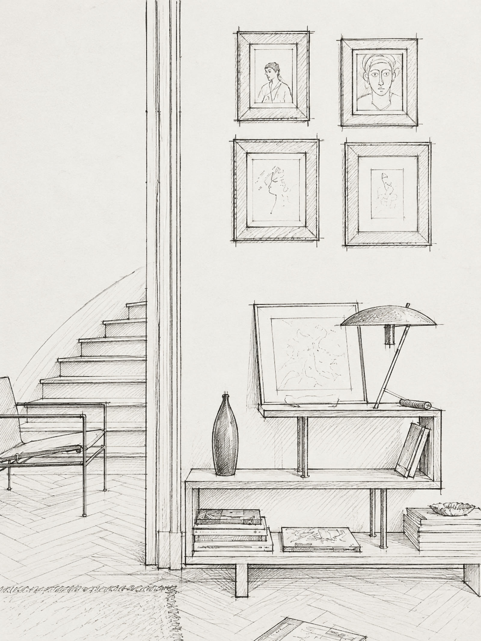 Boceto arquitectónico de interior minimalista con mueble a medida